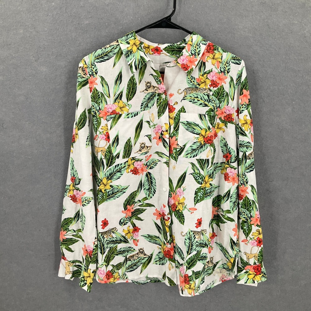 Linen Charter Club Luxury Tropical Floral Leopard Button Up‎ Shirt Womens Sz M